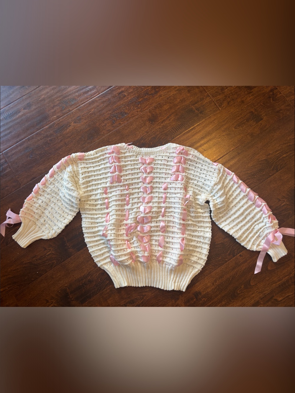 Cream Knit Sweater with Pink Ribbon Detail